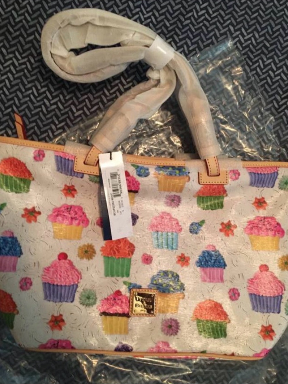 Dooney & Bourke Cream Tote with Multicolor Cupcake Print